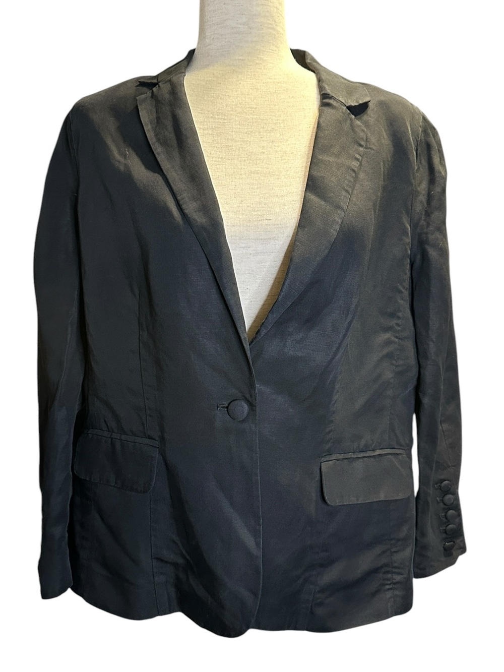 FRAME Black Linen Blend Blazer Size 12 Lightweight Tailored Minimalist Jacket - Picture 2 of 12